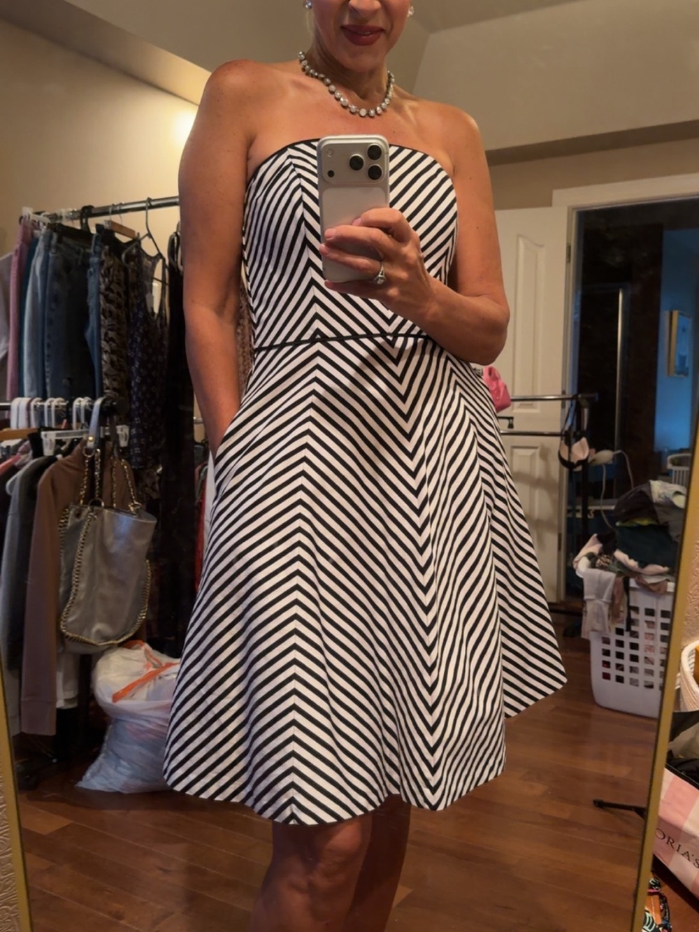 White House Black Market Black and White Strapless Chevron Dress